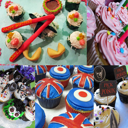 "photo collage of crazy cupcakes", "union jacket and mod target cupcakes", "sushi cake", "frankenstein cupcakes"