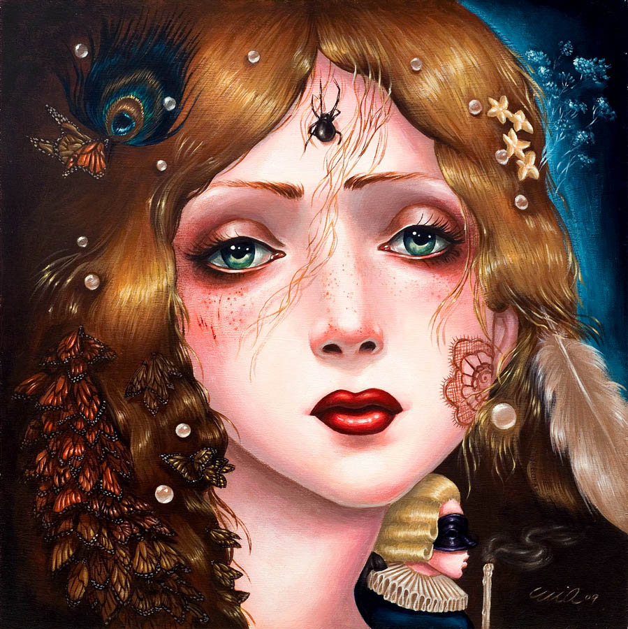 "painting", portrait with spiders and feathers, flapper