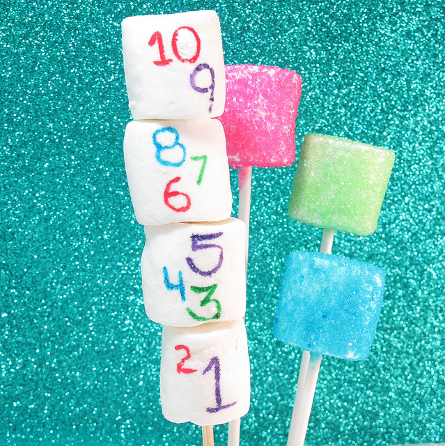 "Marshmallow New Year's Eve Countdown with pink, blue and green glitter"