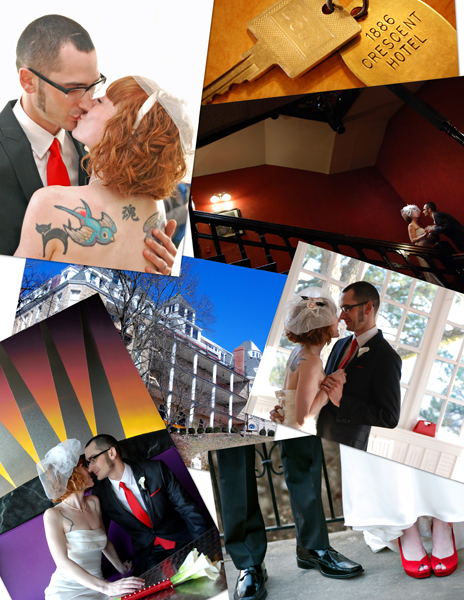 "collage of art deco wedding at crescent hotel, eureka springs, arkansas"