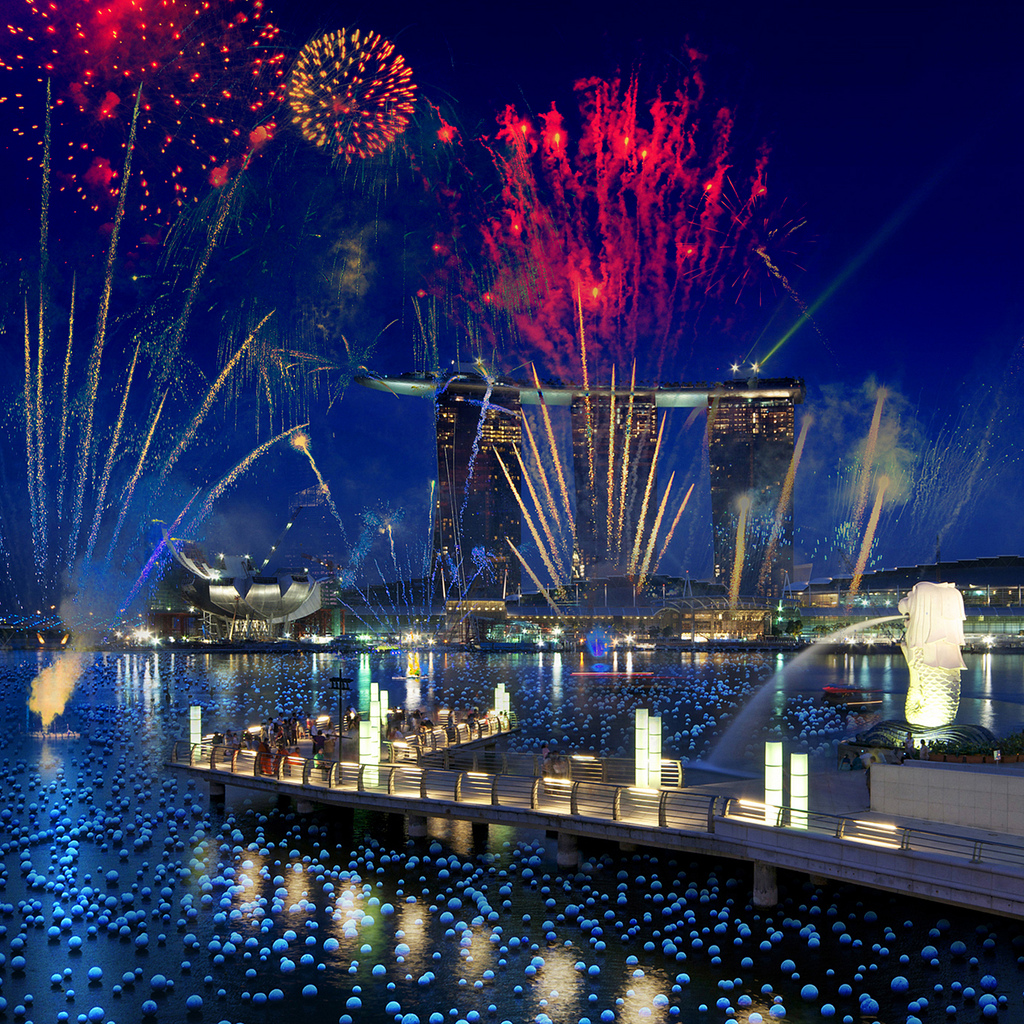 "photograph of fireworks display over Singapore"