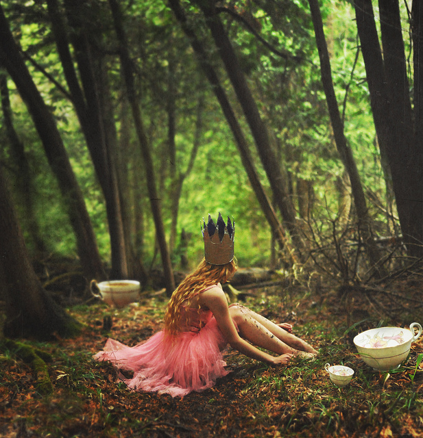 "photo of a makshift princess having tea in the woods", "pink dress princess"