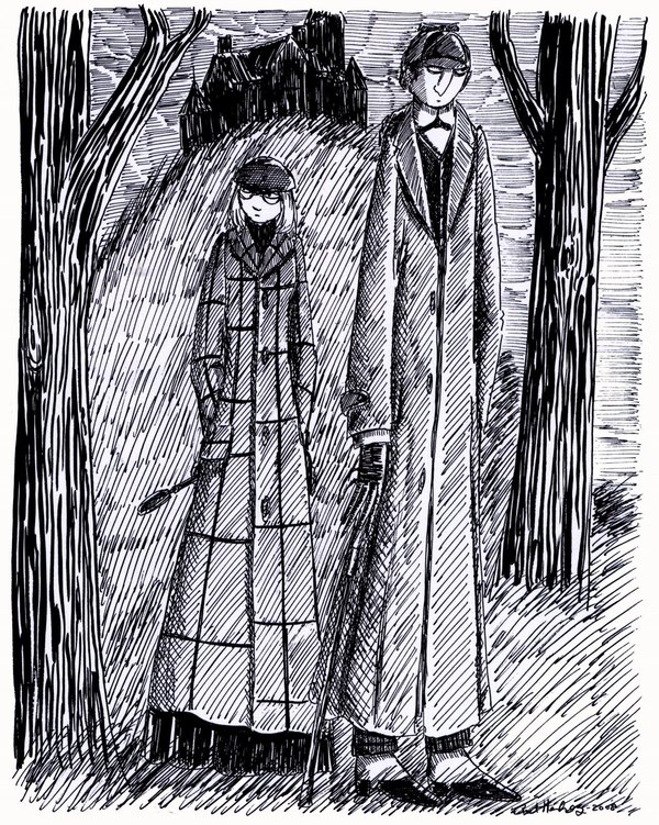 "Edward Gorey inspired pen and ink illustration"