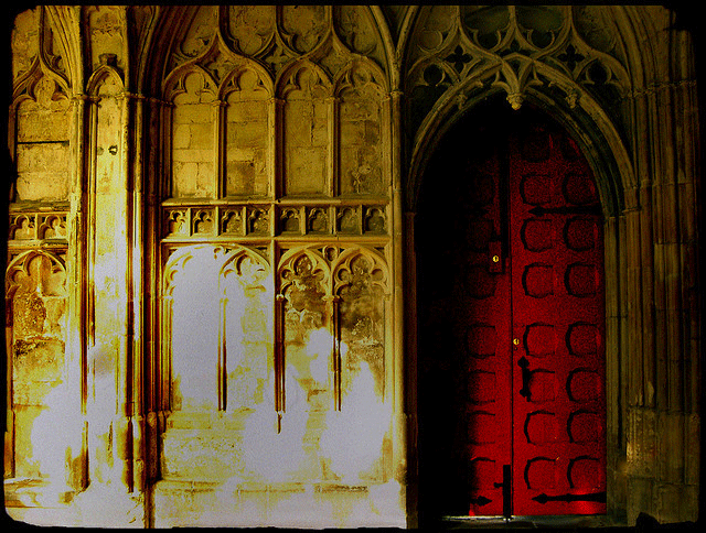 "Photograph of Red Door in Gloucester Cathedral and as seen in the Harry Potter films"