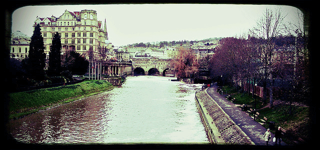 "Vintage inspired photograph of The Avon in Bath, England"