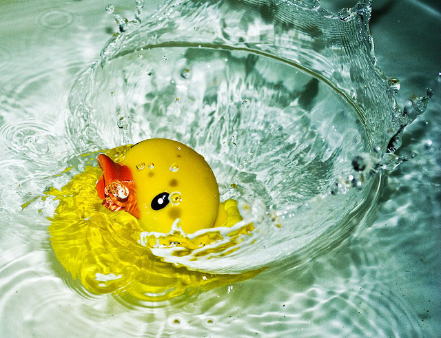 "photo of rubber duck splashing in water"