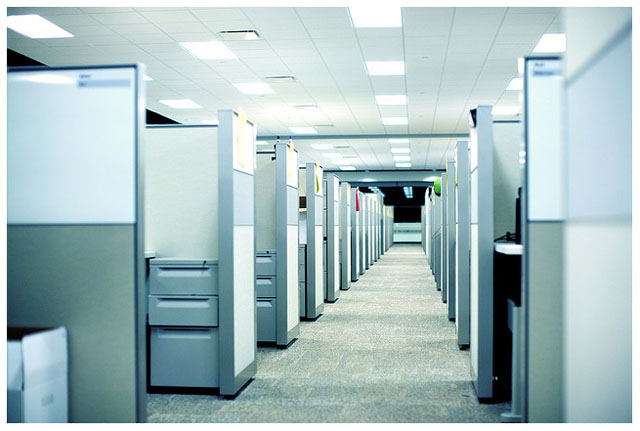 "blue toned photo of office cubicles"