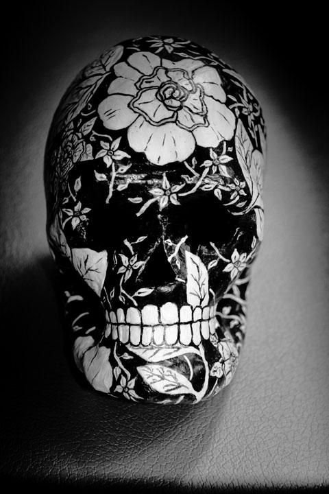 "floral black and white skull by artist Alli Woods Frederick"